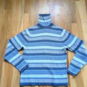 Striped Blue and Gray Women's Turtleneck Sweater